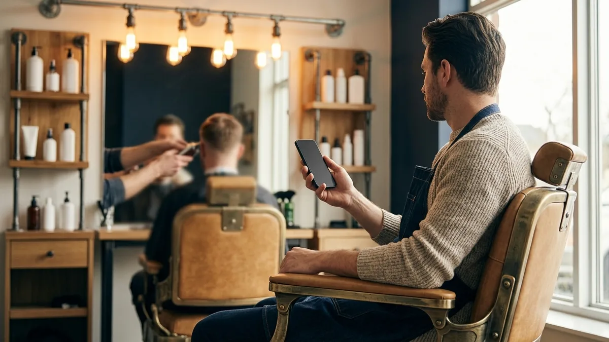 Barber holding a smartphone in a warm modern barbershop between clients