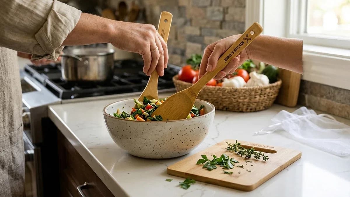 Realtor closing gifts of custom kitchen tools set out in a new homeowner's kitchen