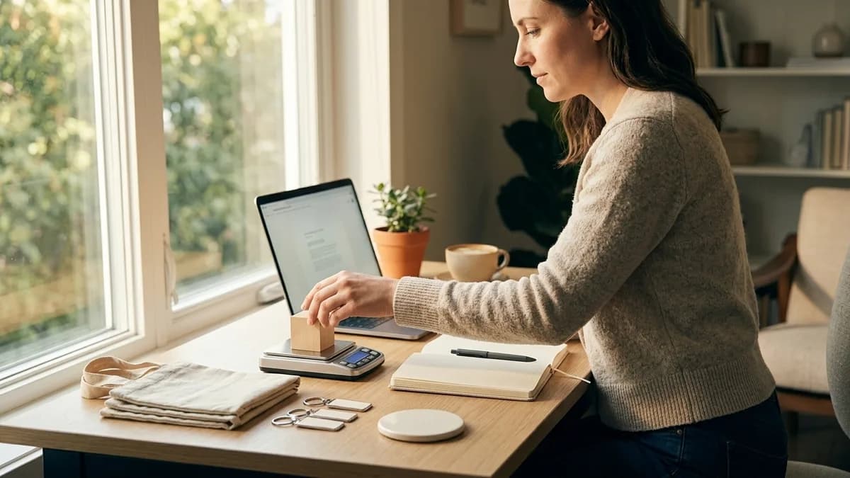 A small business owner weighing blank promo samples at a tidy desk