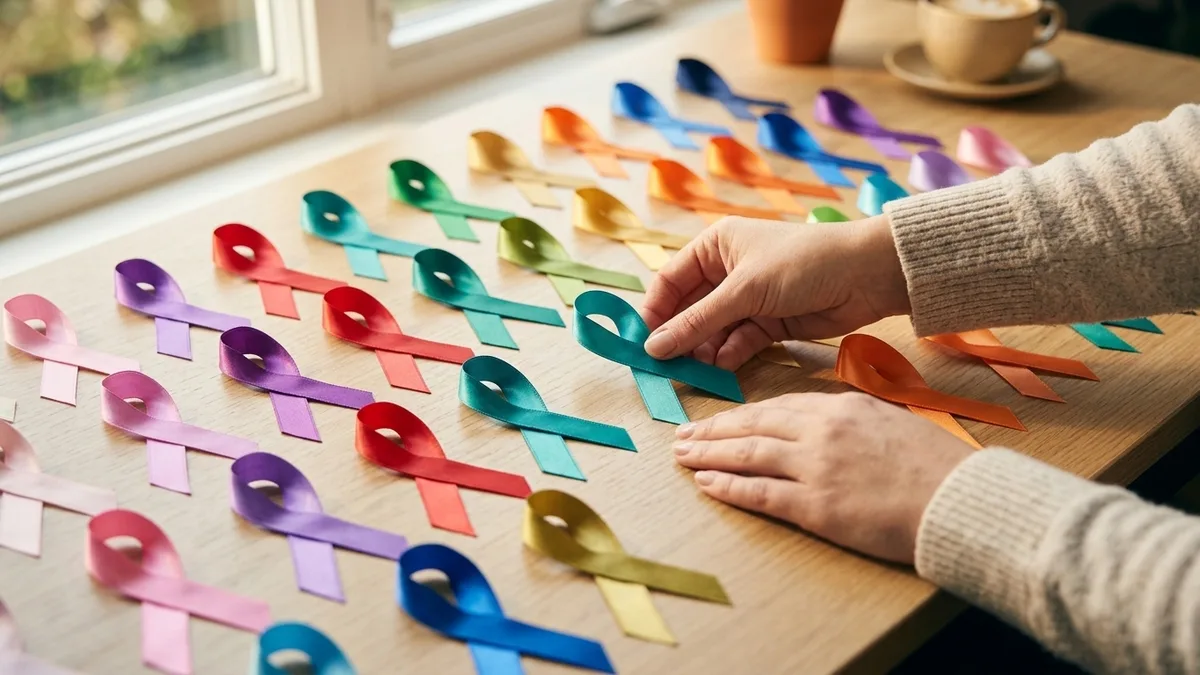 A chart of awareness ribbons in many colors representing different causes