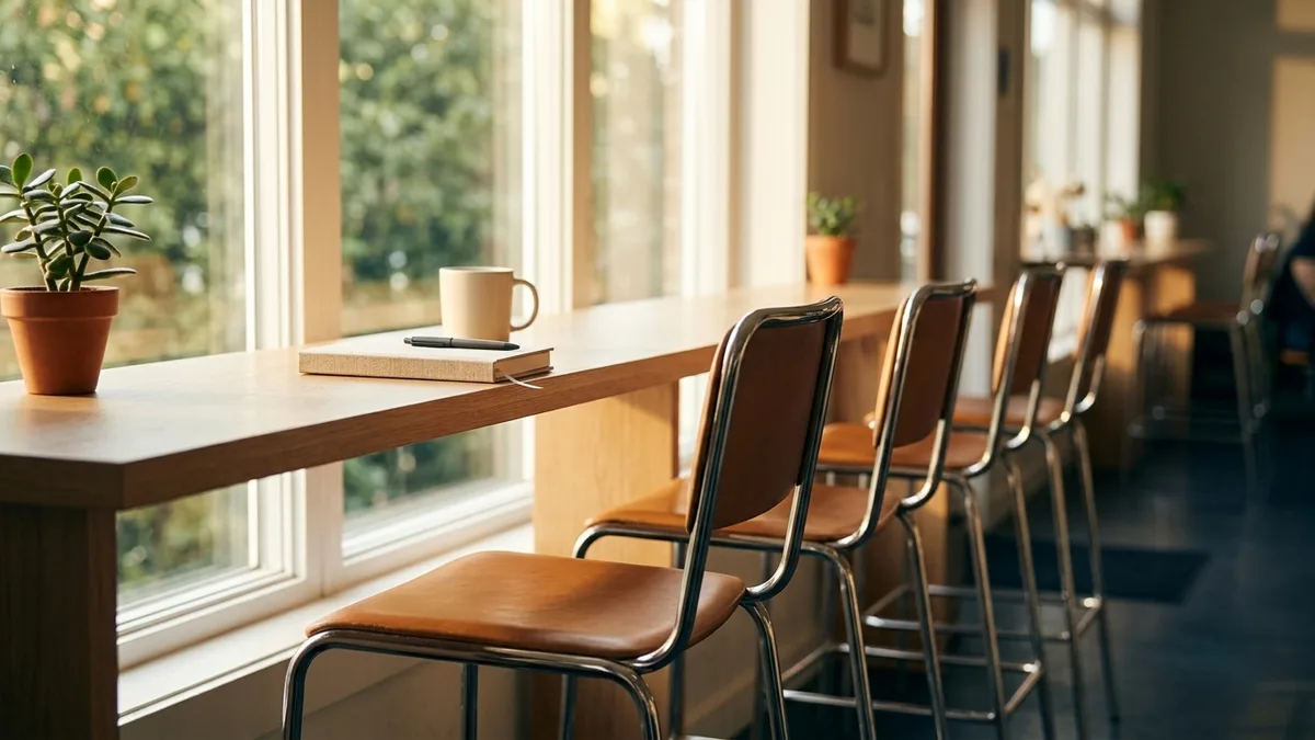 A row of sleek bar stools along a sunlit cafe counter by big windows