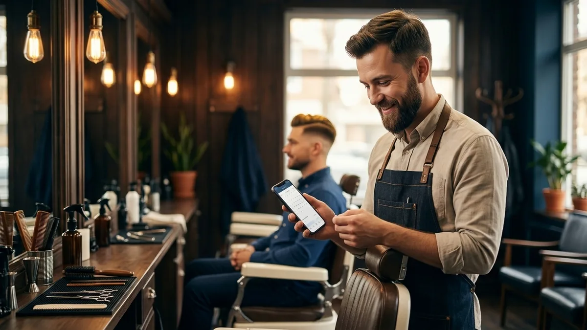 Barber smiling and checking a booking on a smartphone in a warm modern barbershop