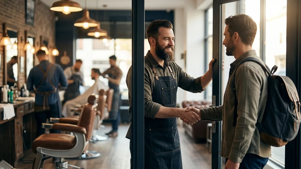 A barber welcoming a client at the door of a warm, busy barbershop