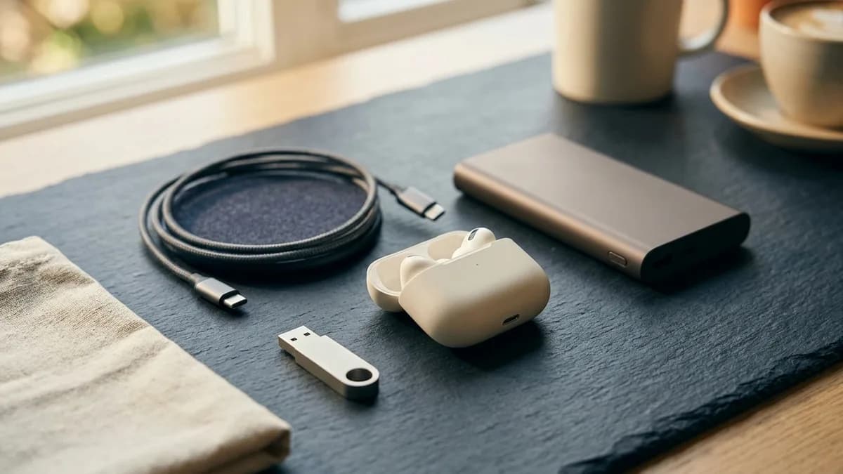 A sleek flat-lay of blank tech gifts on dark slate with soft light