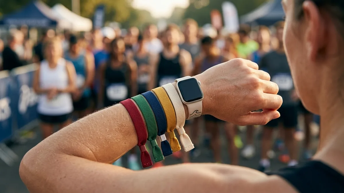 Blank fabric event arm bands stacked on a runner's forearm outdoors