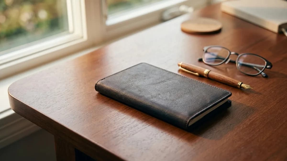 Blank leather checkbook cover on a desk with a fountain pen in soft light