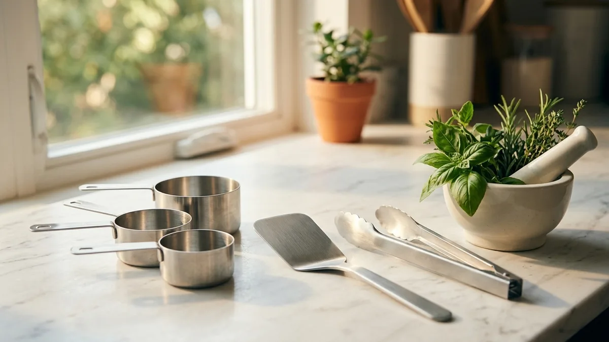 Blank stainless kitchen tongs and measuring cups on a sunlit marble counter