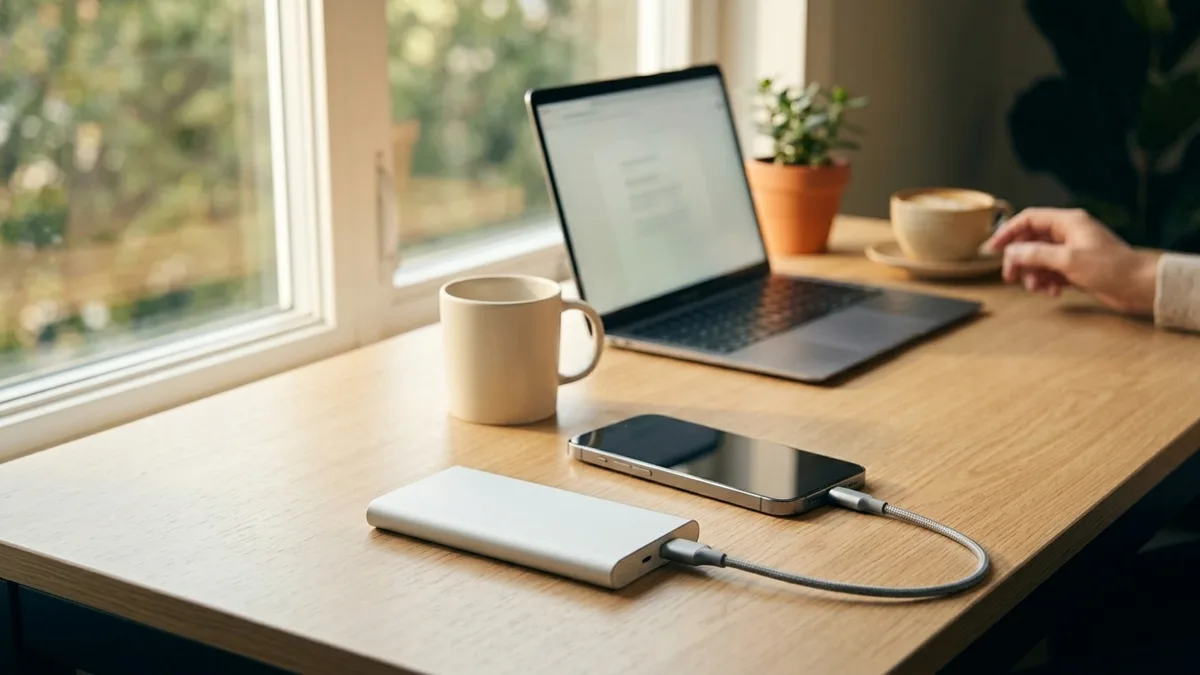 A blank slim power bank charging a phone on a modern desk