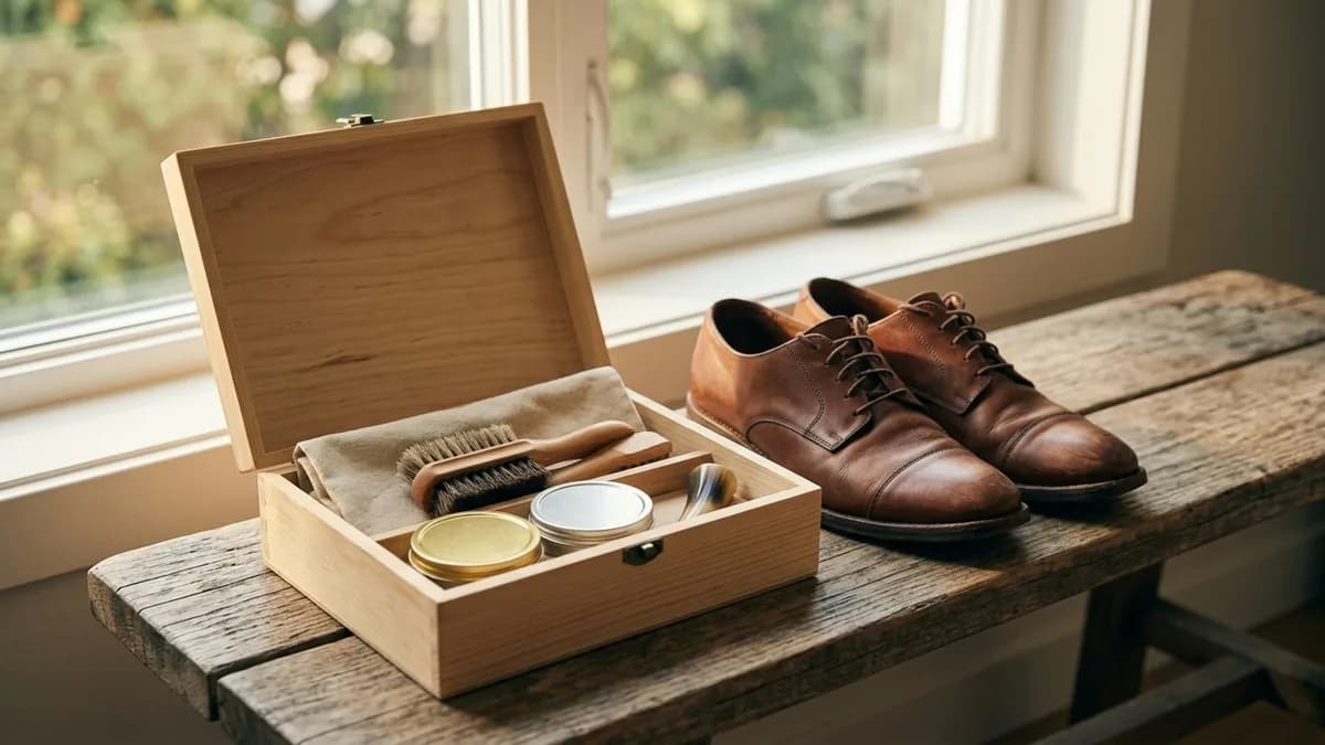Open shoe care kit with brushes and polish beside leather shoes on a bench