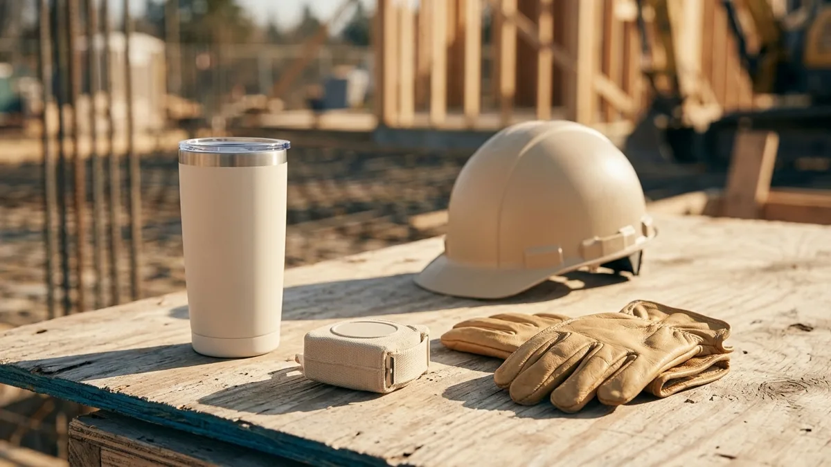 Blank hard hat, tumbler and work gloves arranged at a sunlit construction site