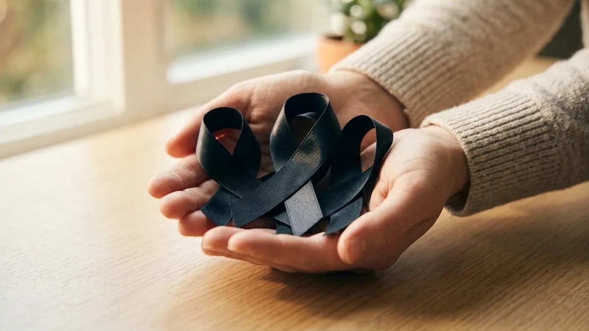 A black awareness ribbon held between two fingers against a soft gray background
