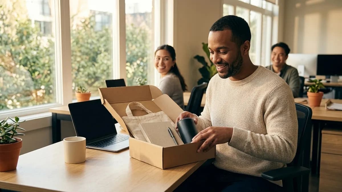 An employee opening a welcome box of blank swag at a cheerful office desk