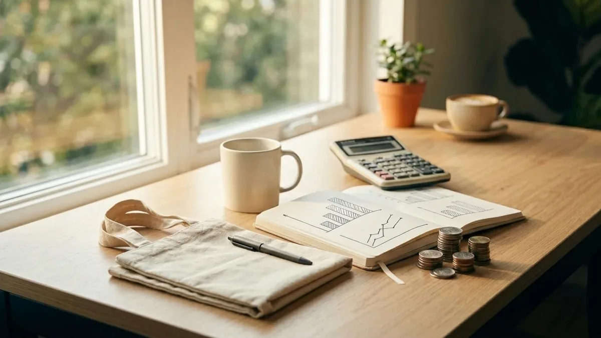 A calculator, stacked coins and a notebook with abstract charts on a desk