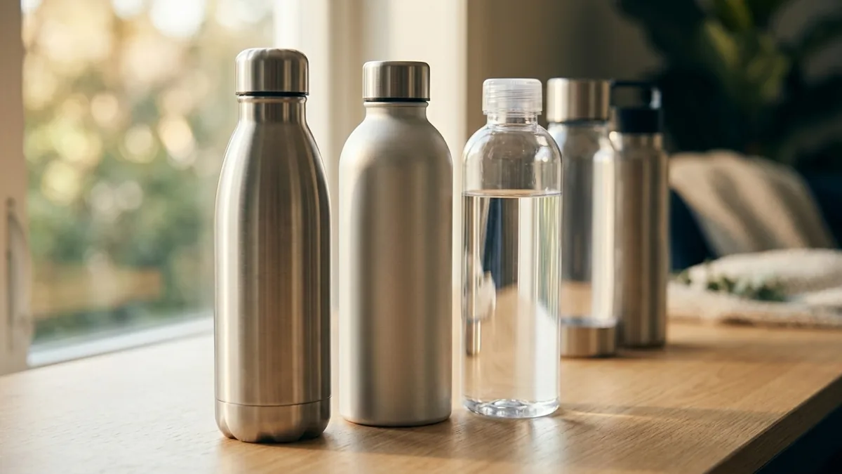 A row of blank branded water bottles in stainless steel, aluminum, and Tritan ready for a logo
