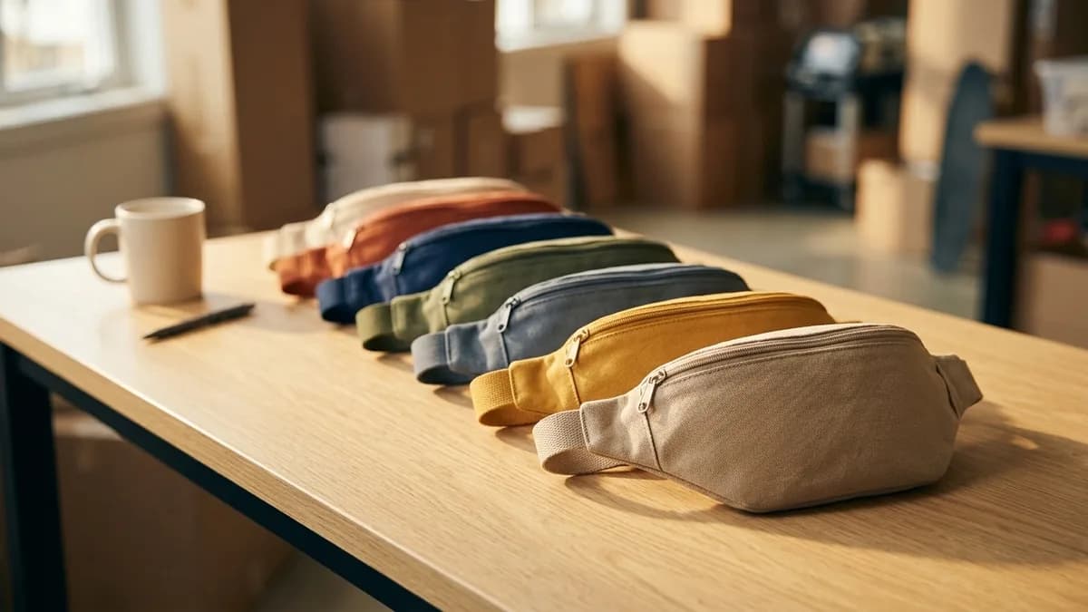 A row of blank fanny packs in several colors laid out on a bright table