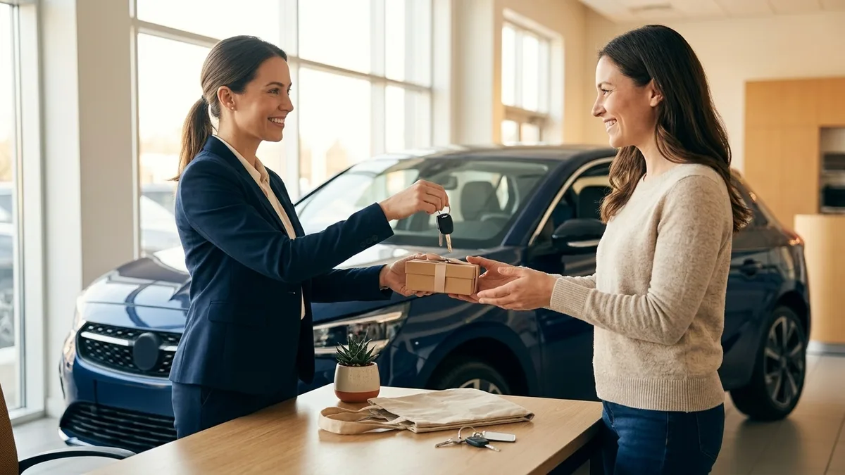 Car dealership salesperson handing keys and welcome gifts to a happy new customer