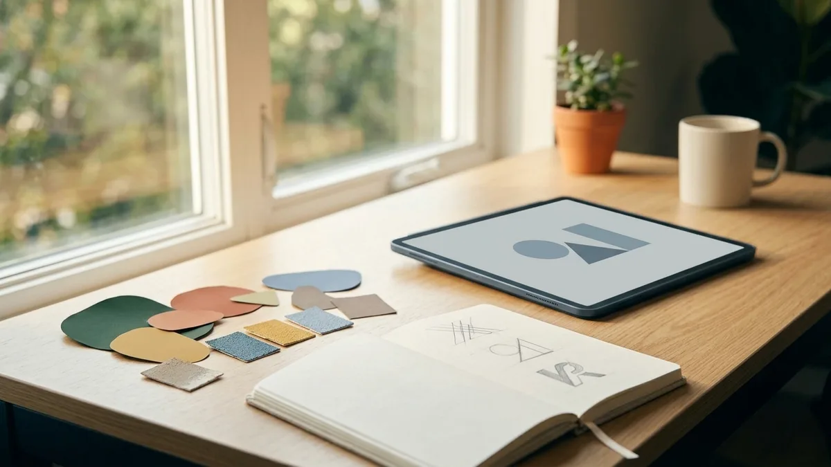 A designer's desk with blank logo sketches and color swatches in studio light