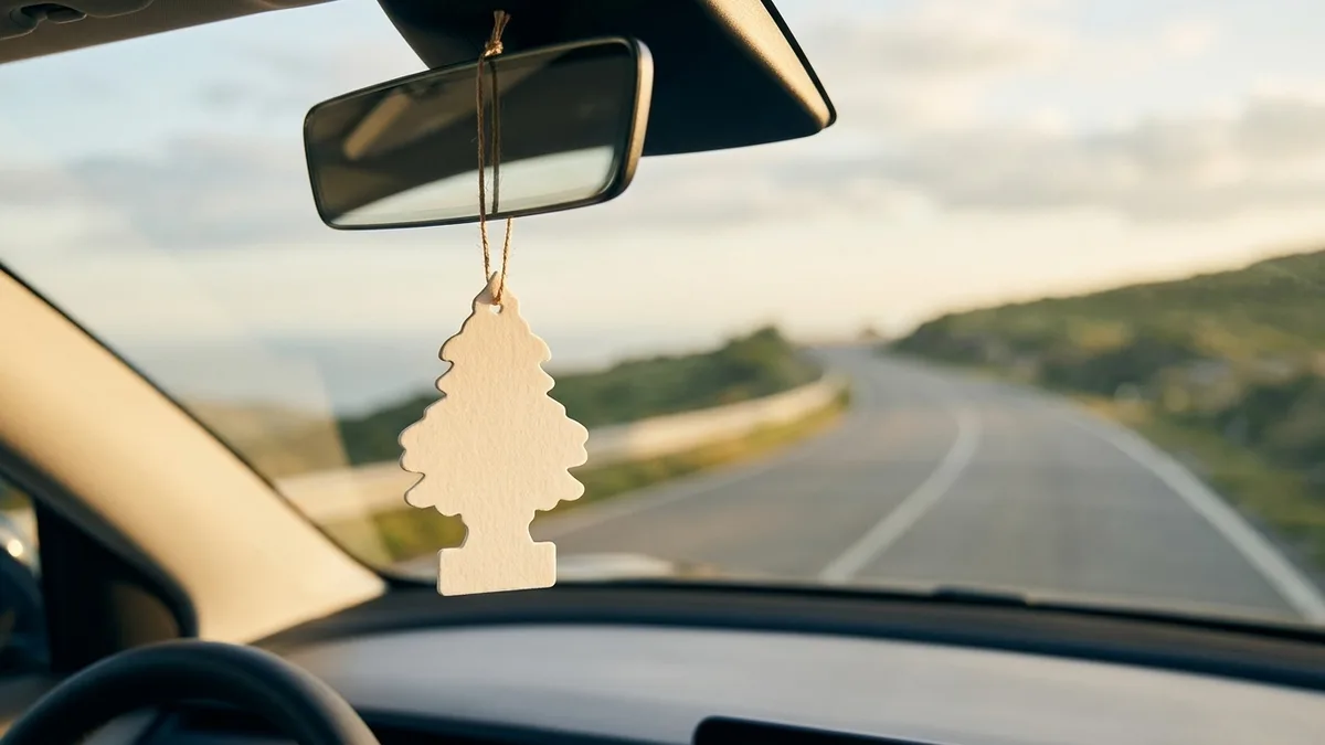 Blank car air freshener hanging from a rear-view mirror with a sunlit road ahead