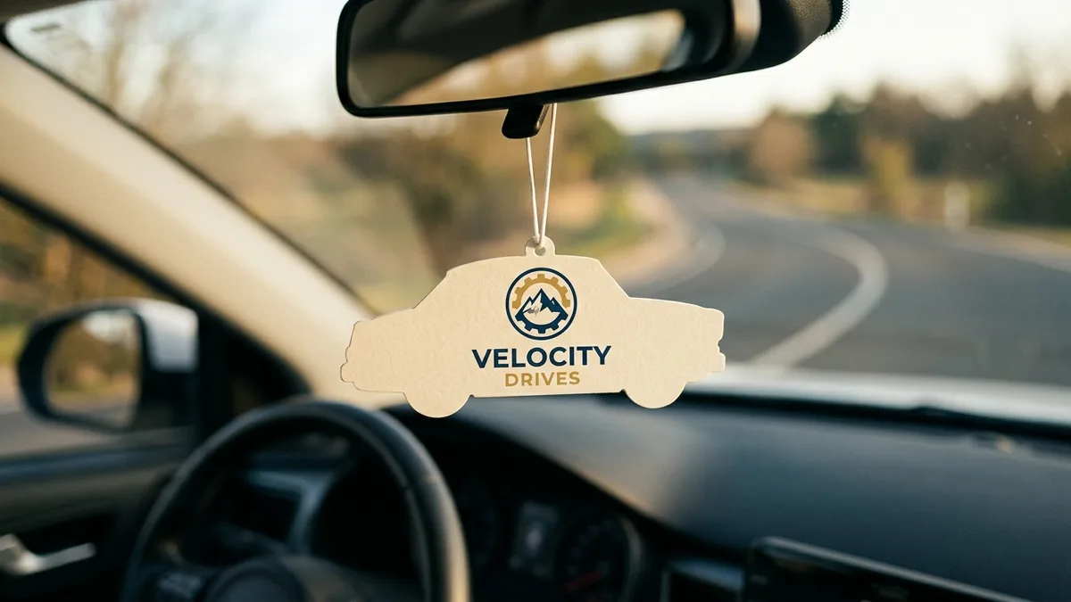 Custom die-cut car air freshener printed with a company logo, hanging from a rear-view mirror on a sunlit drive