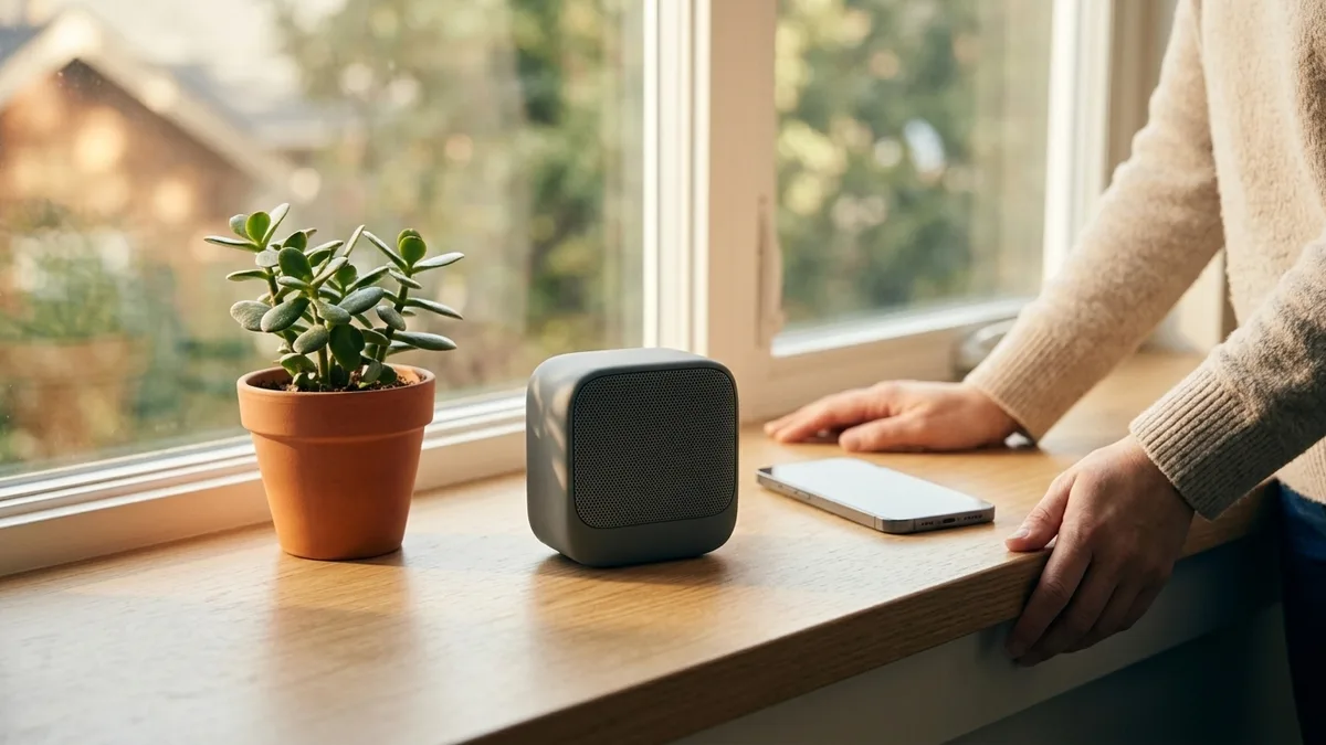 A blank compact Bluetooth speaker on a sunny windowsill beside a plant