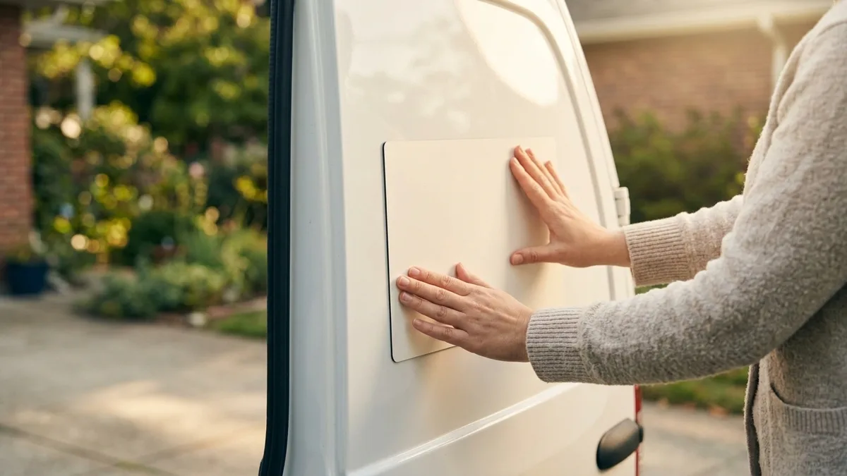 Hands pressing a blank magnetic sign onto the door of a work van outdoors