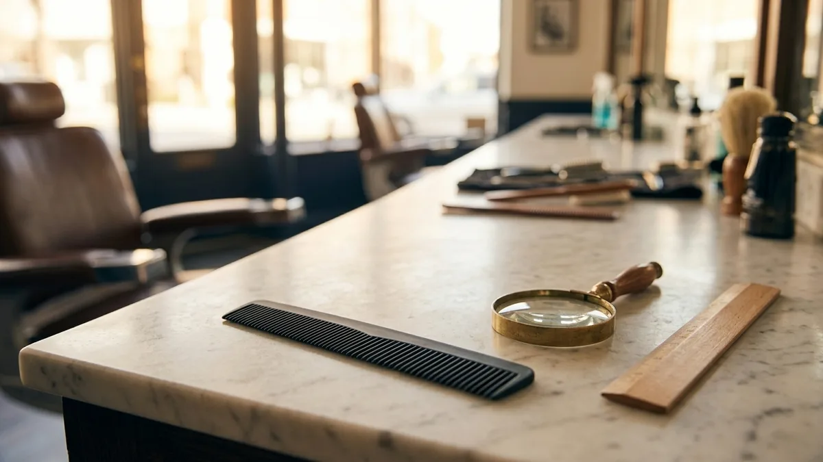A blank pocket comb on a marble counter beside a magnifier and ruler