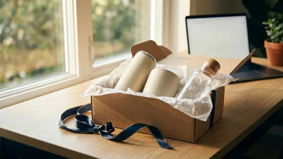 Gift box of blank tumbler, mug and bottle nestled in tissue on a desk