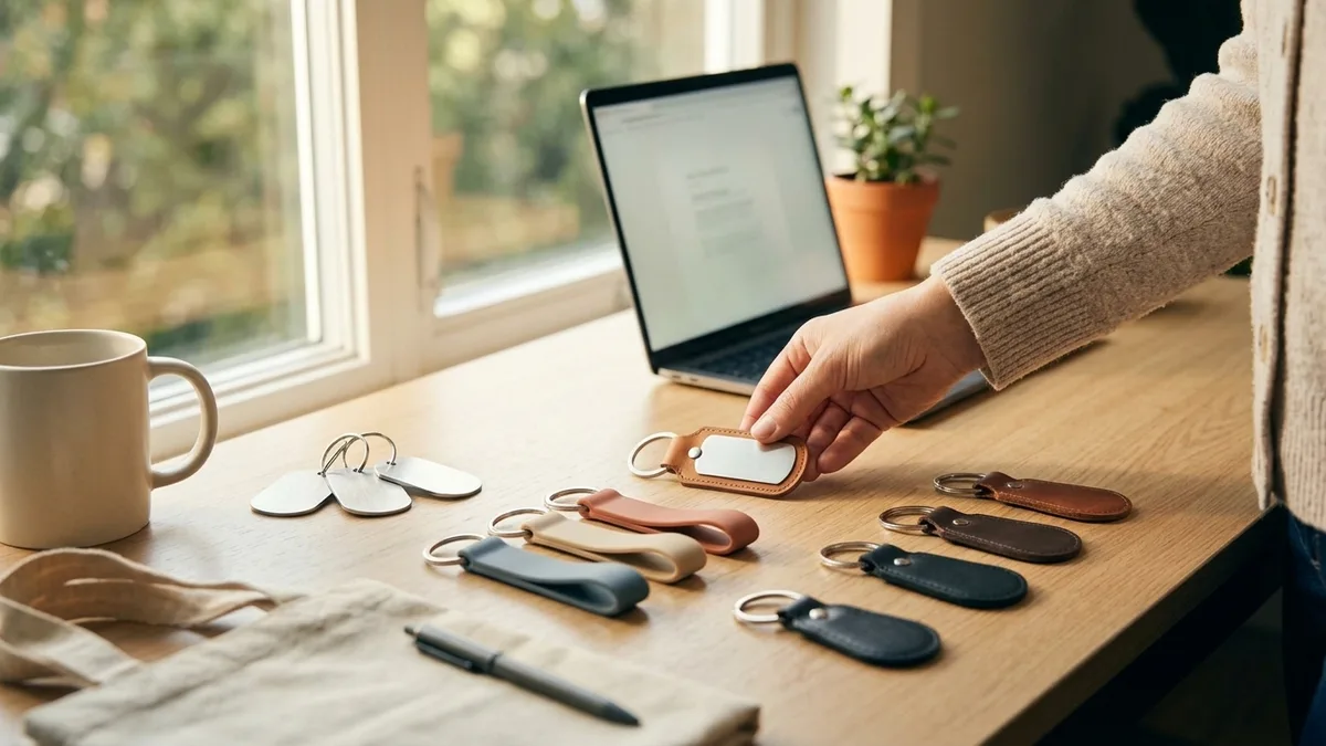 An assortment of blank metal, leather, acrylic, and silicone keychains arranged on a desk