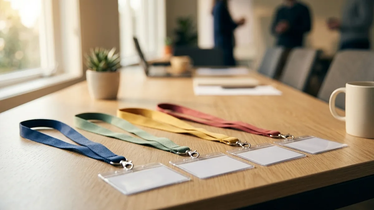 A row of custom printed lanyards in different colors with ID badge holders and clips