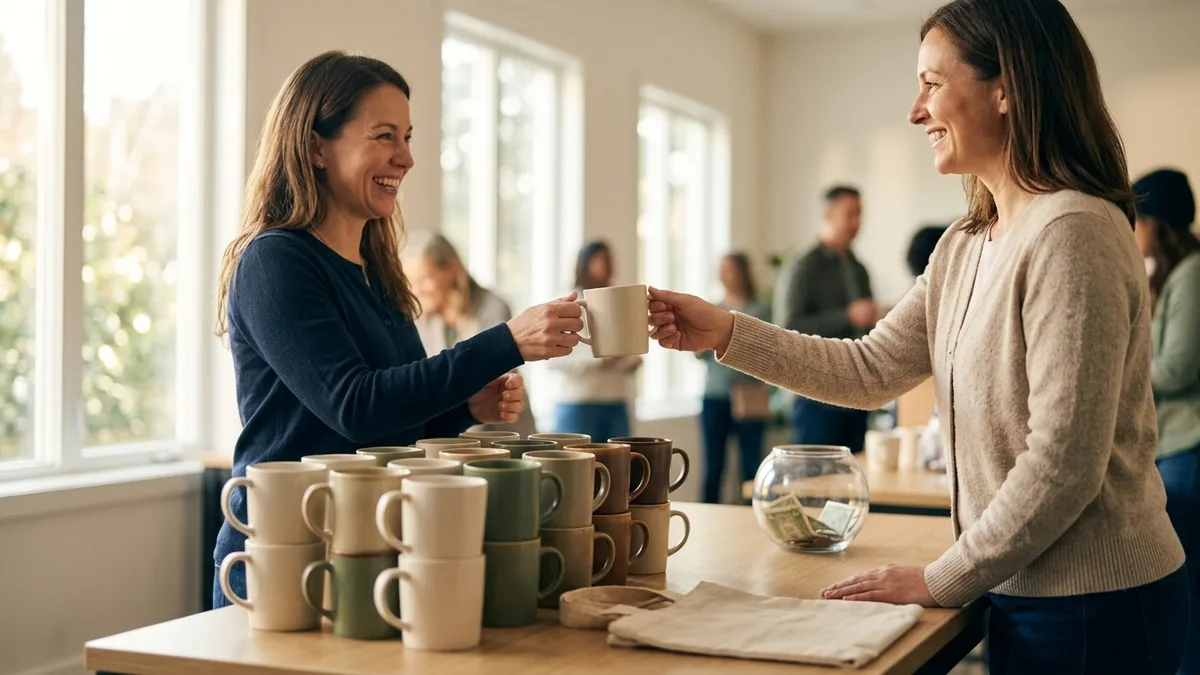 Volunteer handing a blank ceramic mug to a donor at a fundraiser table