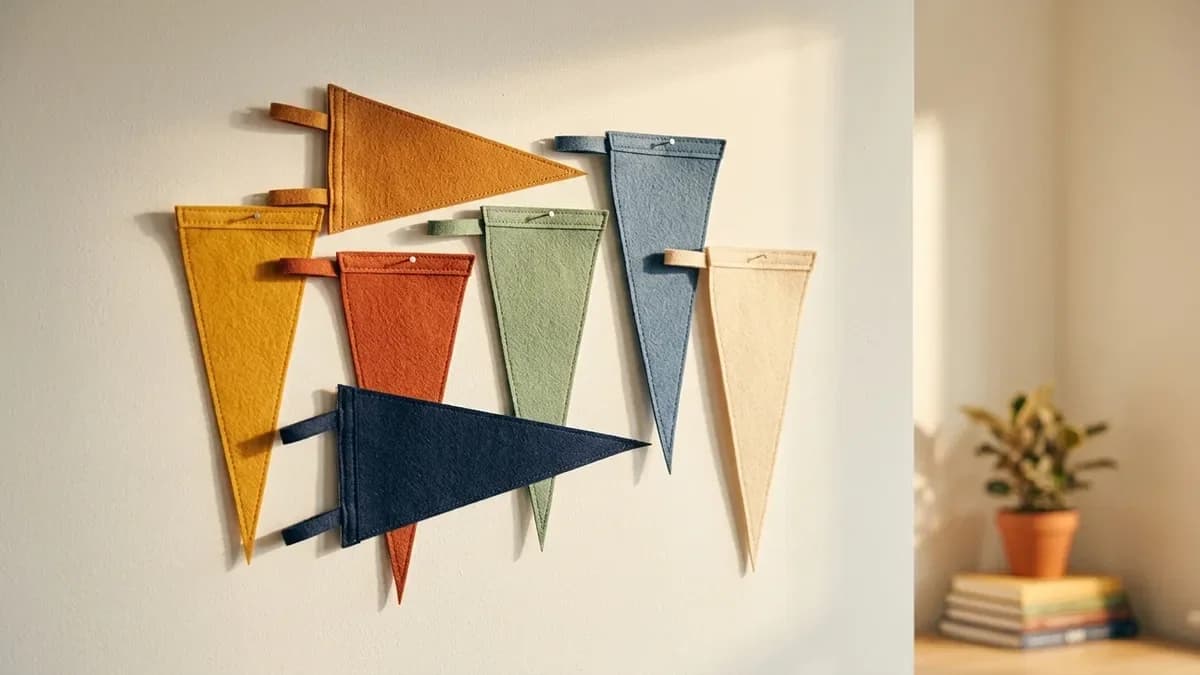 A row of custom felt and printed pennants in team colors hanging on a wall
