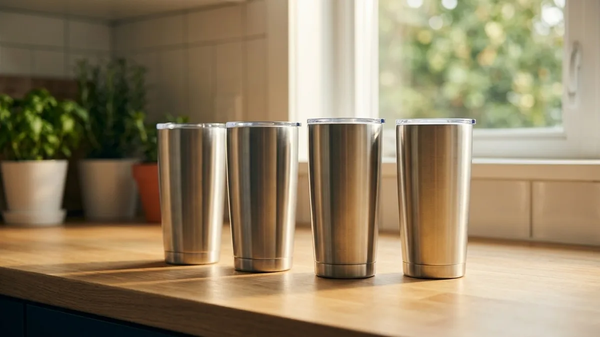 A lineup of branded stainless steel, acrylic, and plastic tumblers ready for a corporate order