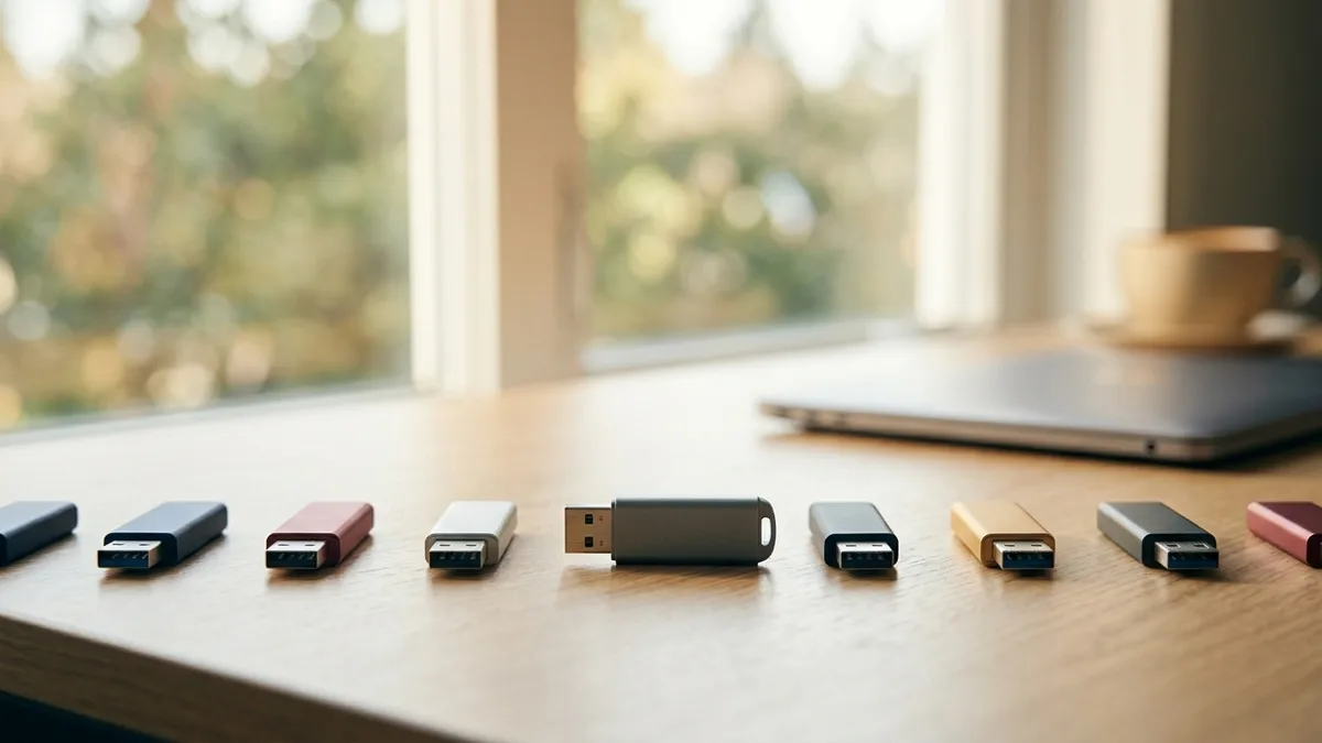 A neat row of blank USB flash drives in assorted colors on a clean desk