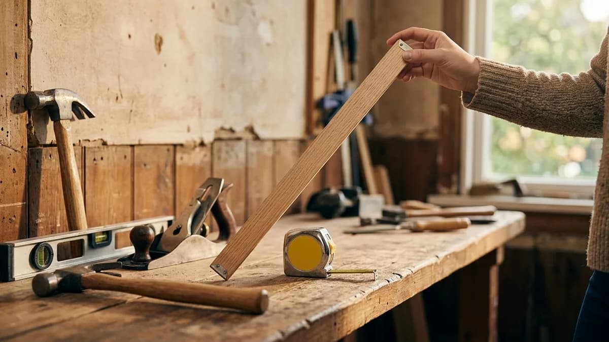 A blank wooden yardstick leaning against a workshop wall beside tools