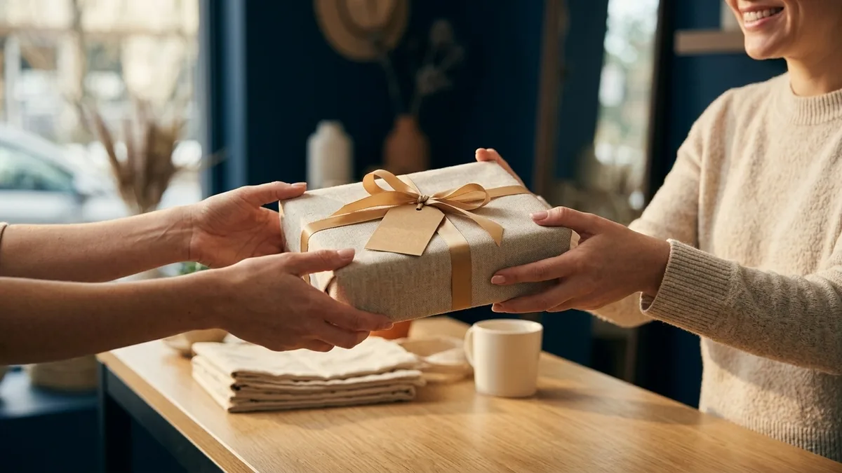 A wrapped thank-you gift box with a blank tag handed across a counter