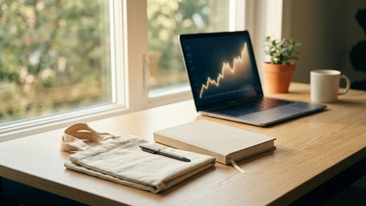 Blank promo items beside a laptop showing a rising chart on a desk