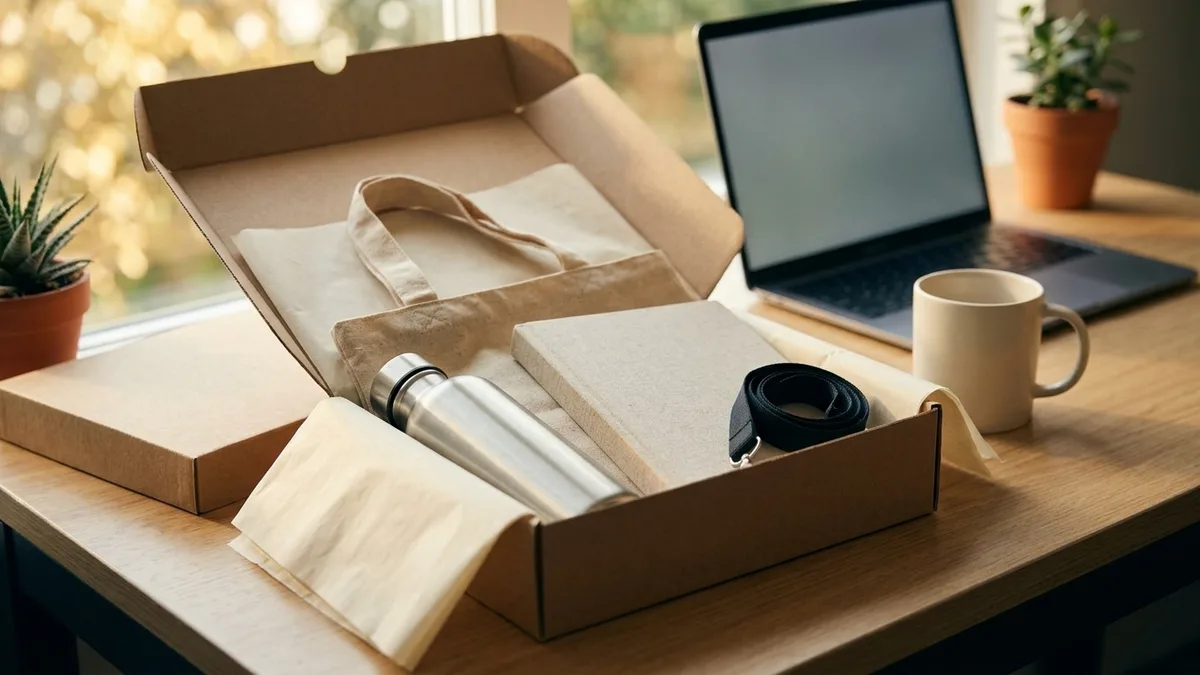 An open employee welcome kit box of blank swag arranged in tissue
