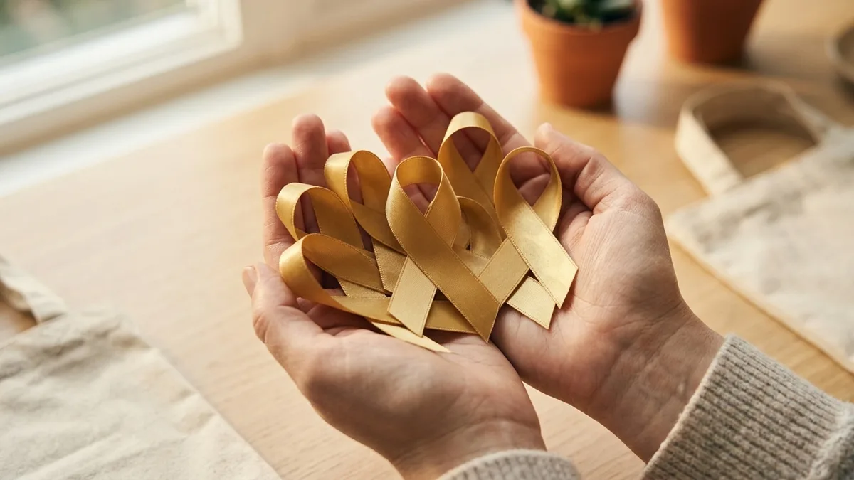 A gold awareness ribbon held between two fingers in warm light