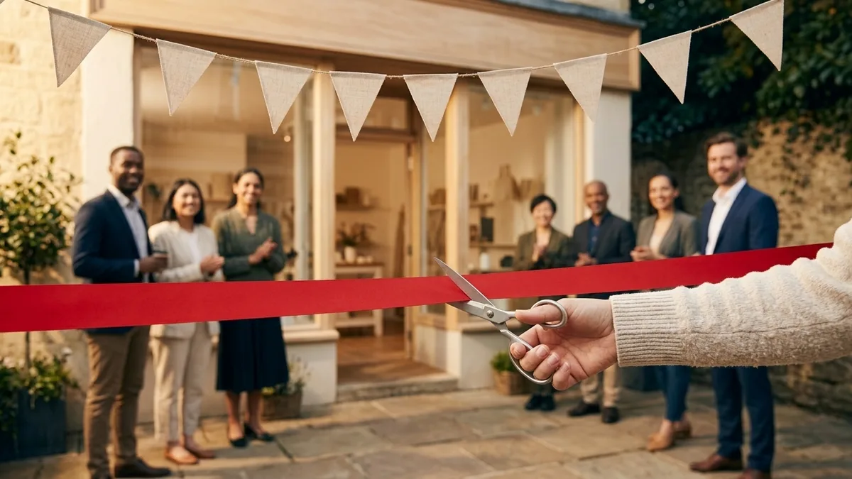 A festive shop grand opening with blank bunting and a crowd outside