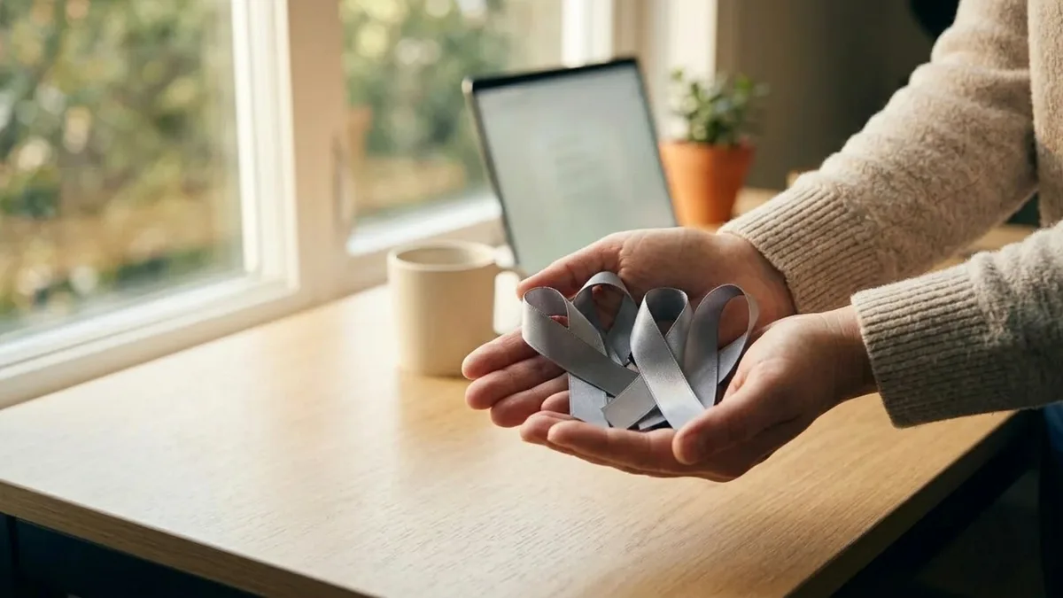 A gray awareness ribbon held between two fingers in soft daylight