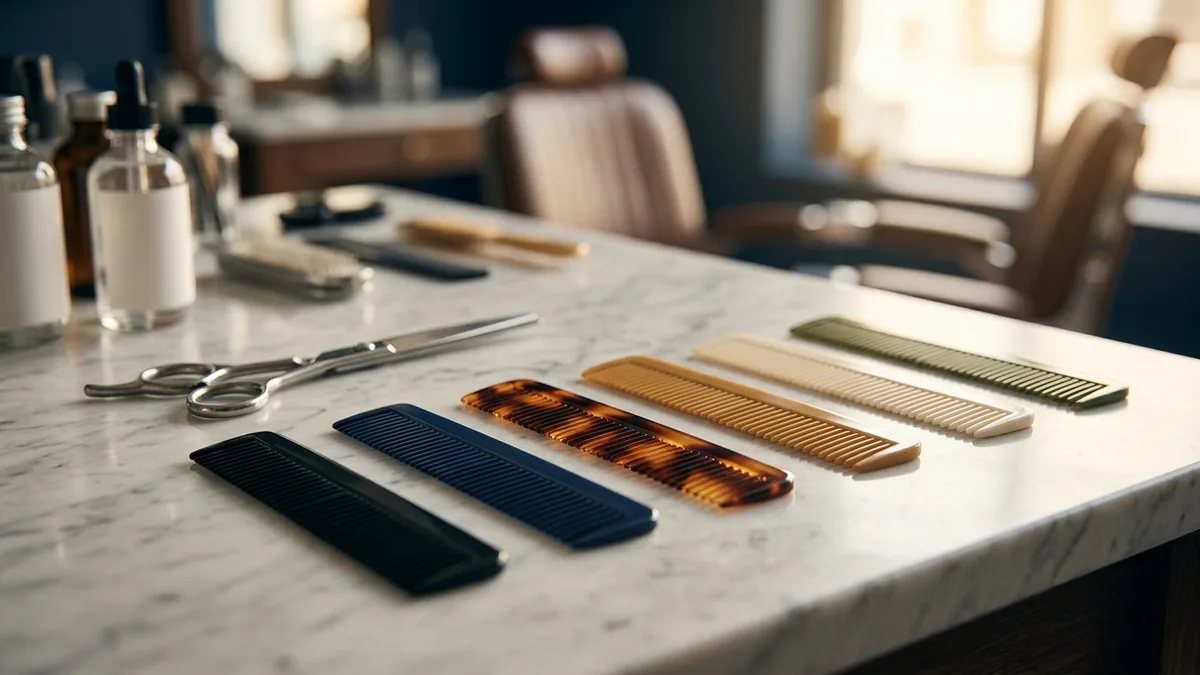 A row of blank pocket combs arranged on a barber's marble counter