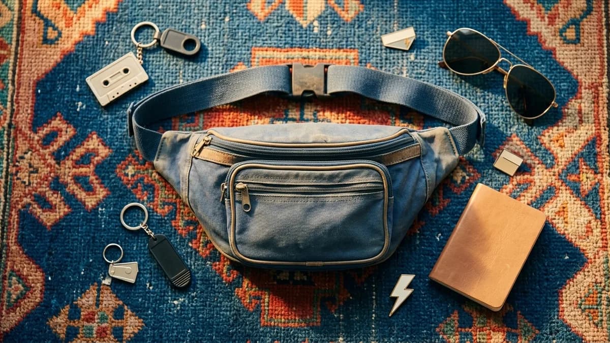 A vintage fanny pack with retro accessories on a colorful background