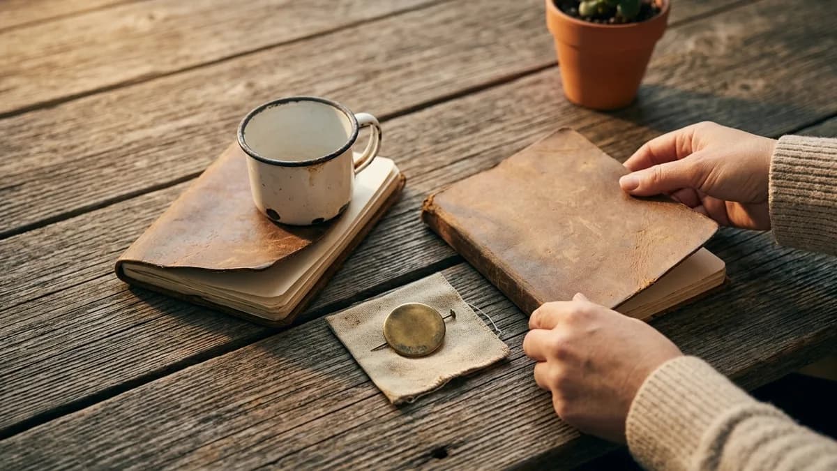 Vintage blank promotional items arranged on weathered wood in warm light