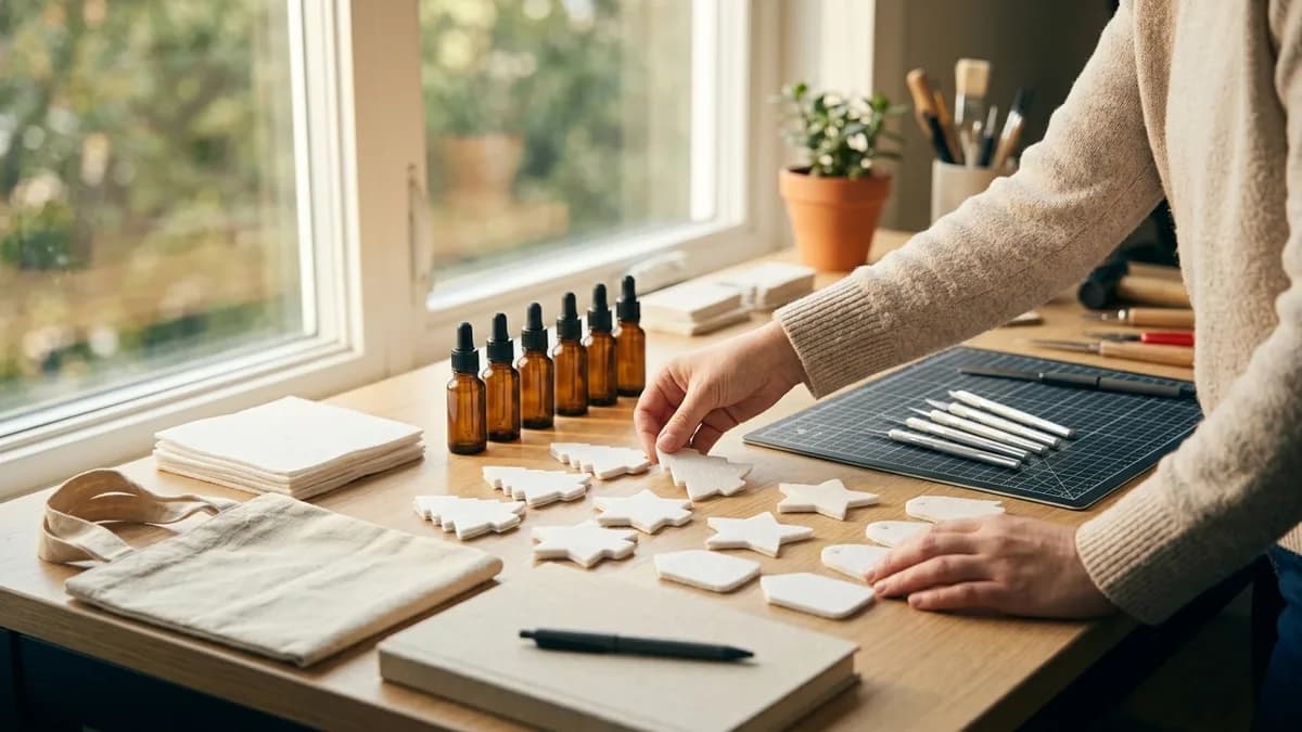 Blank felt car air fresheners laid in rows on a workshop table during manufacturing
