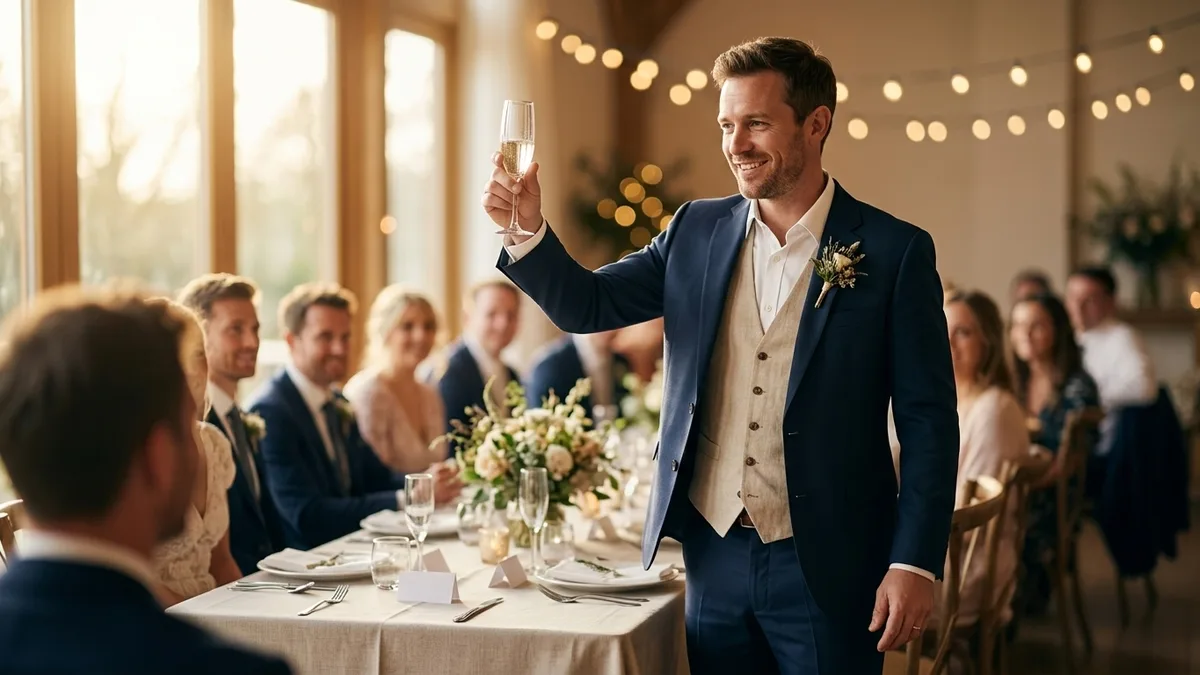 A man raising a champagne glass to give a toast at a wedding reception