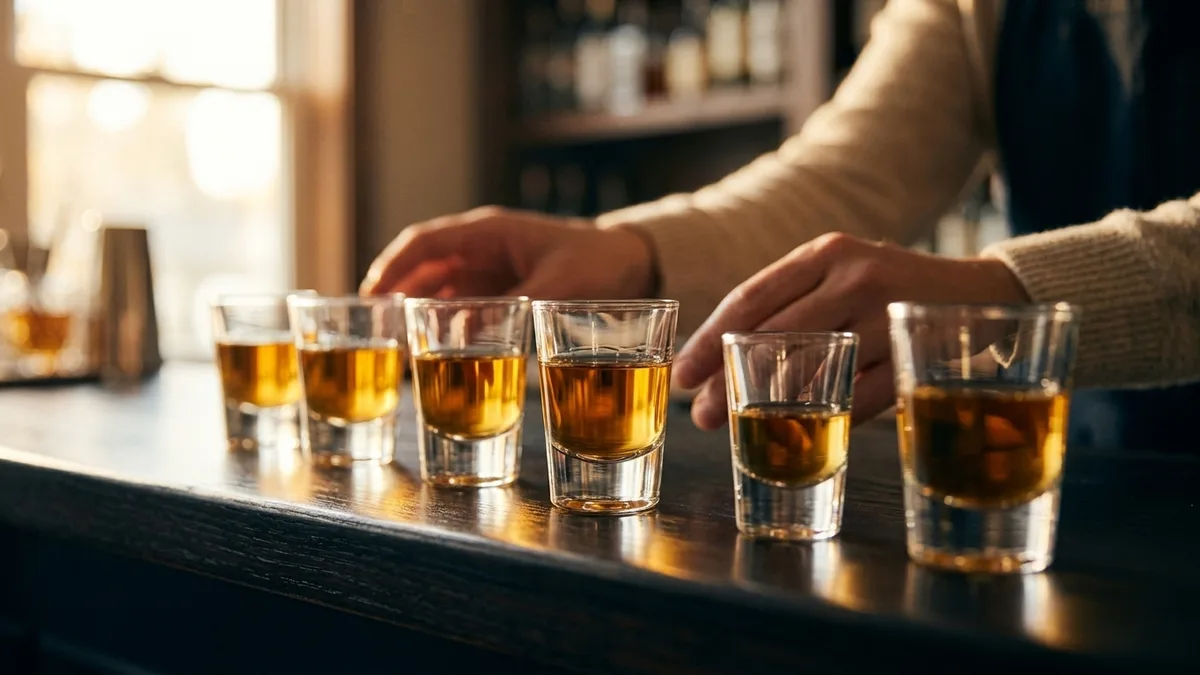 A row of differently sized clear shot glasses lined up on a dark bar top