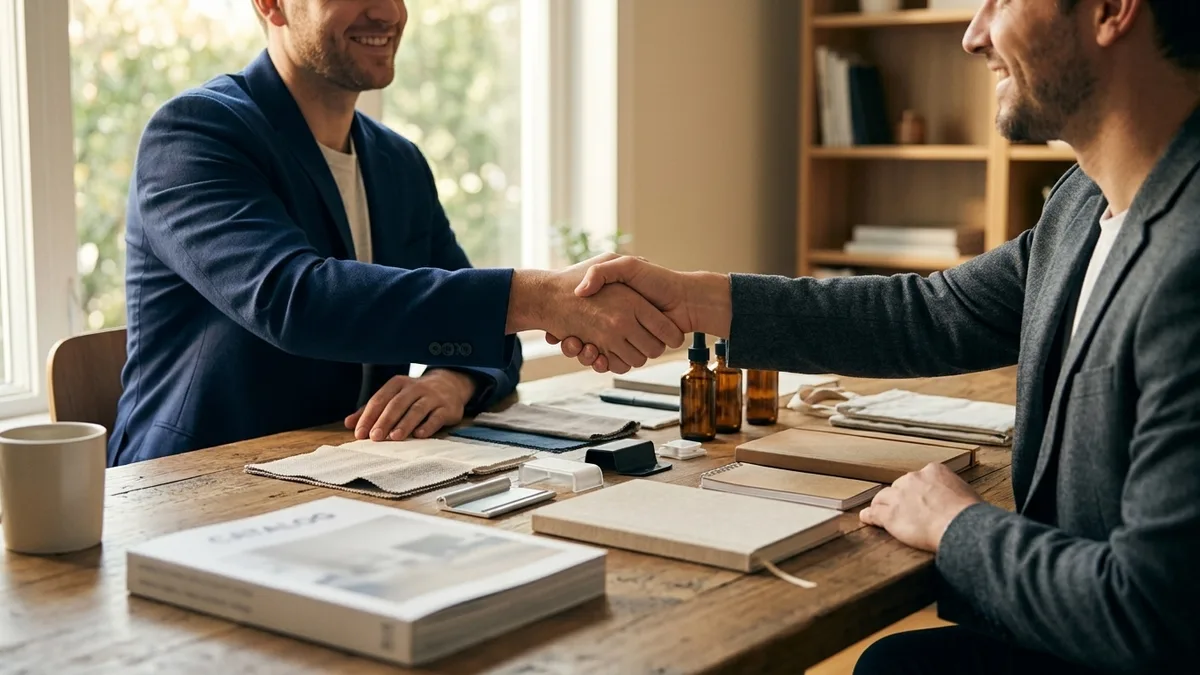 A buyer shaking hands with a supplier over a desk of blank product samples