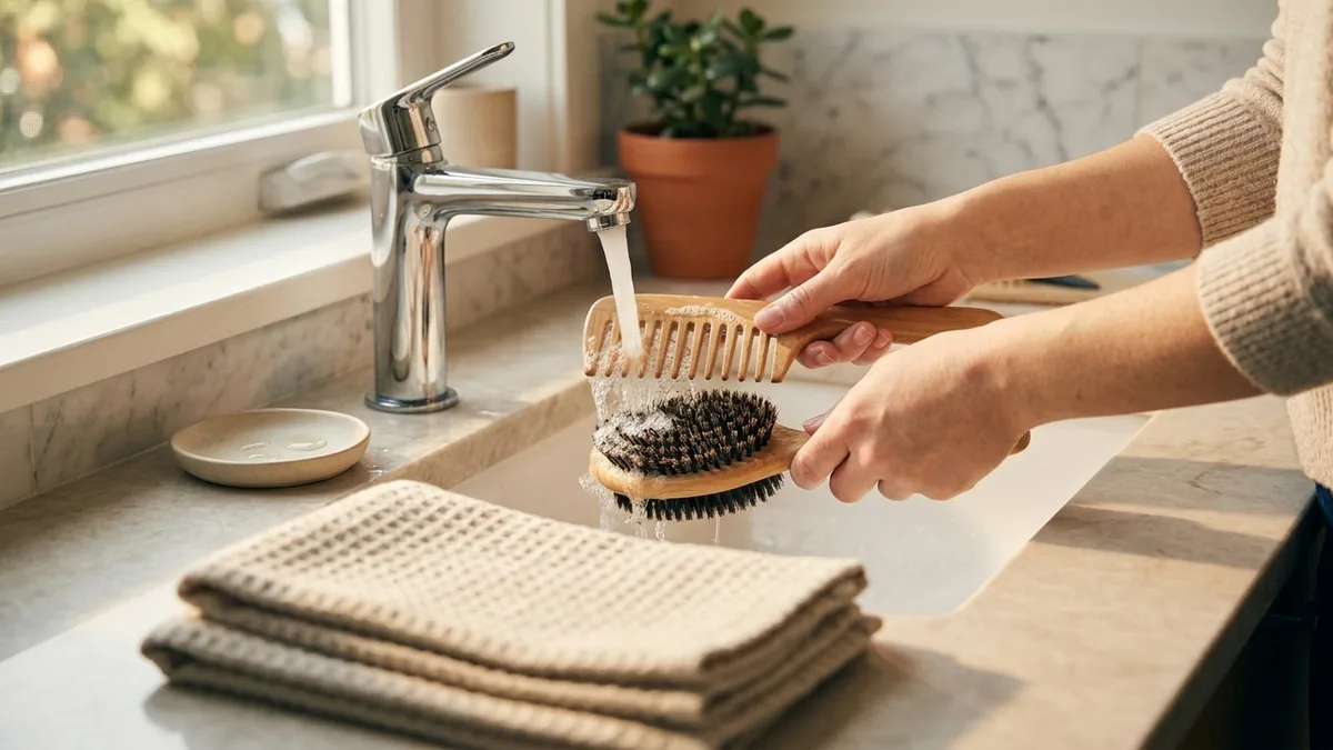 Hands washing hair brushes under running water in a bright bathroom sink
