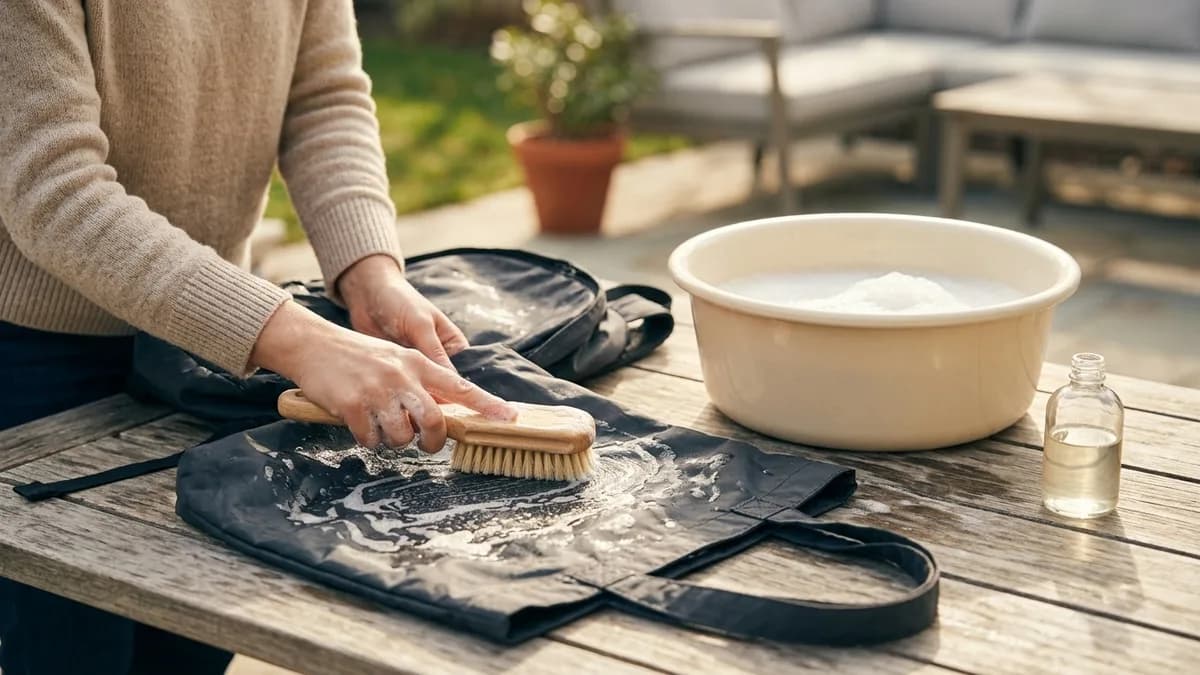 A nylon tote and backpack being hand-scrubbed with a brush on a sunny patio