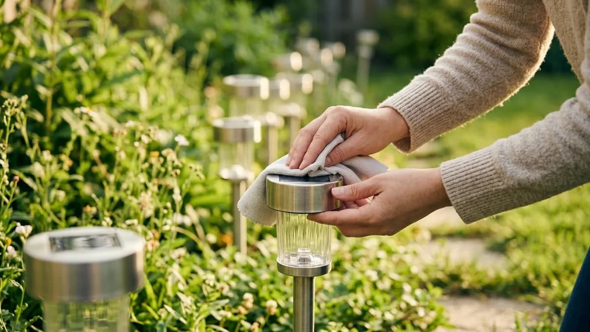 Hands wiping a garden solar light panel with a cloth in a sunny backyard